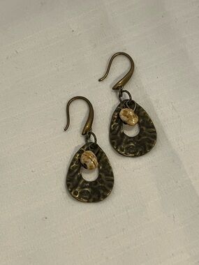 Hammered Teardrop Drop Earrings with Beige Accent Beads